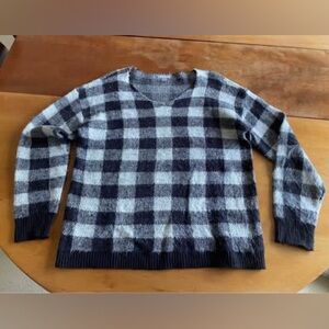 Falls Creek Black, Gray White Buffalo Plaid V-Neck Sweater with Black Cuffs, Hem